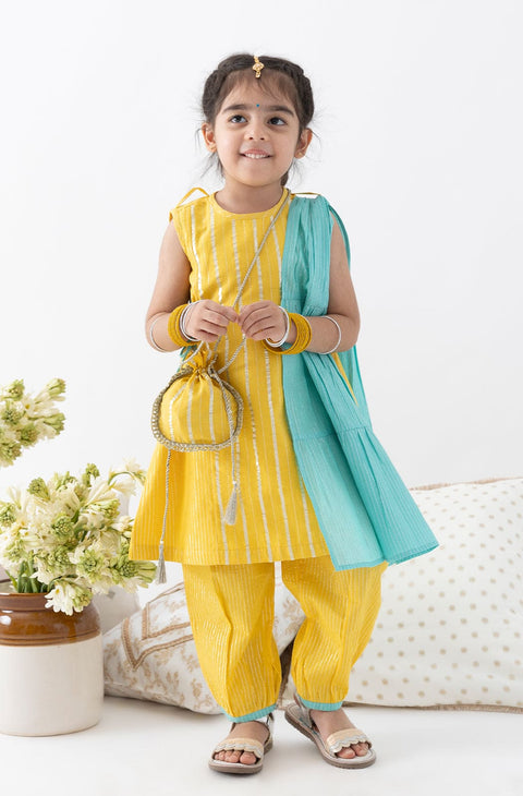 Pre-Order: Girl Stripes Lurex Suit Set-Yellow
