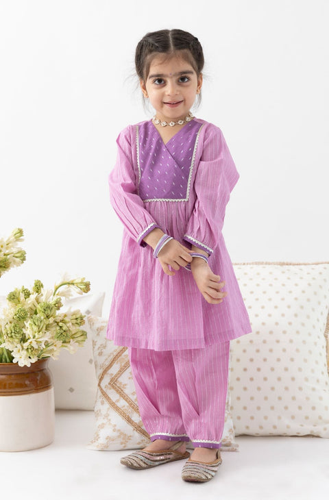 Pre-Order: Girl Stripes Lurex Suit Set-Purple