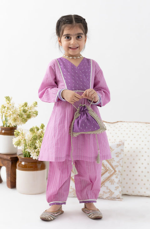 Pre-Order: Girl Stripes Lurex Suit Set-Purple