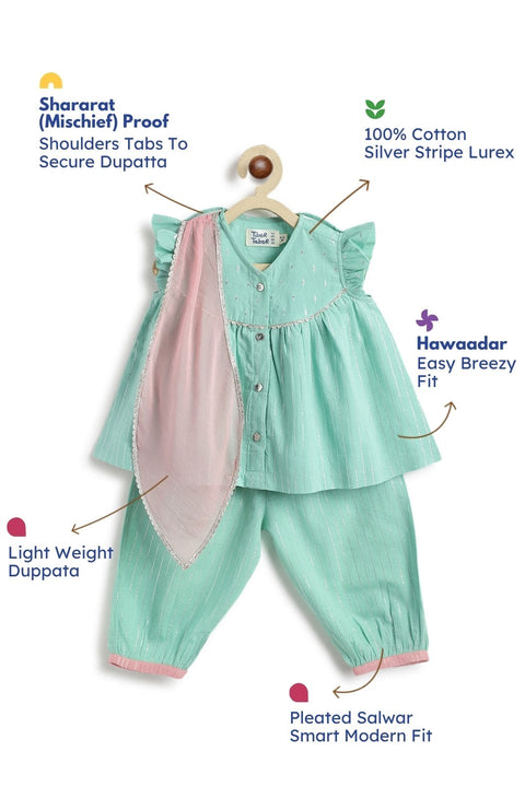 Pre-Order: Girl Stripes Lurex Suit Set-Green
