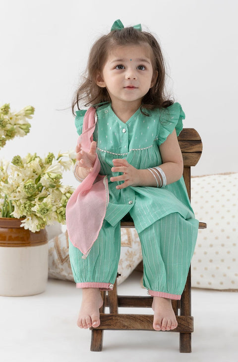 Pre-Order: Girl Stripes Lurex Suit Set-Green