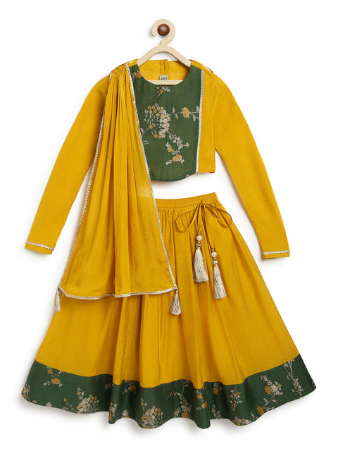 Pre-Order: Girl floral jacquard Lehenga Set-Yellow