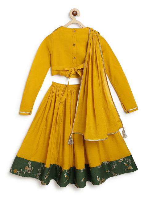 Pre-Order: Girl floral jacquard Lehenga Set-Yellow