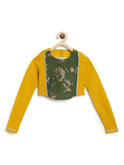 Pre-Order: Girl floral jacquard Lehenga Set-Yellow