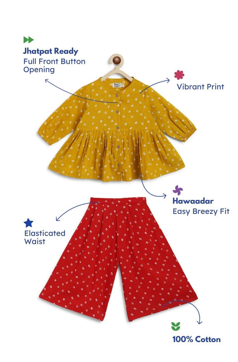 Pre-Order : Girls Bandhani Polka Top Set - Yellow