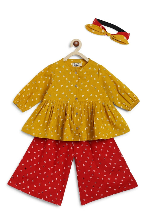 Pre-Order : Girls Bandhani Polka Top Set - Yellow