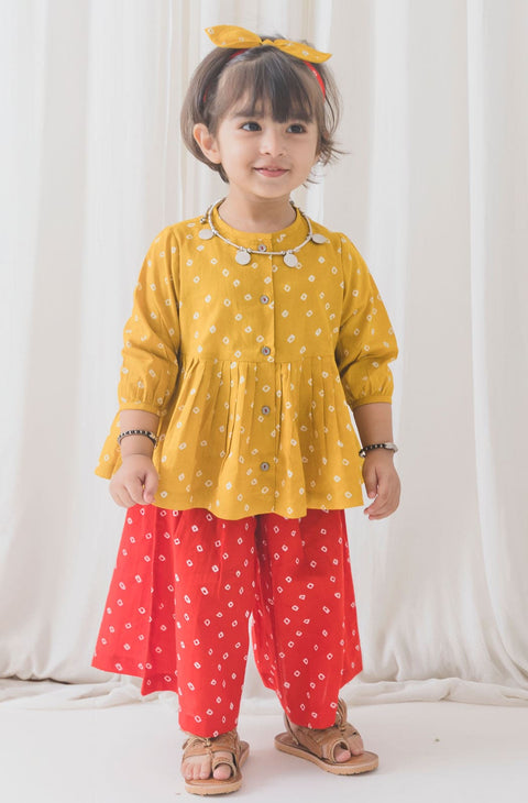 Pre-Order : Girls Bandhani Polka Top Set - Yellow