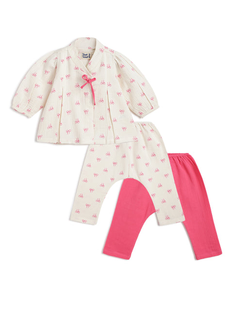 Pre-Order:  Unisex Bow Print Jhabla Set-White