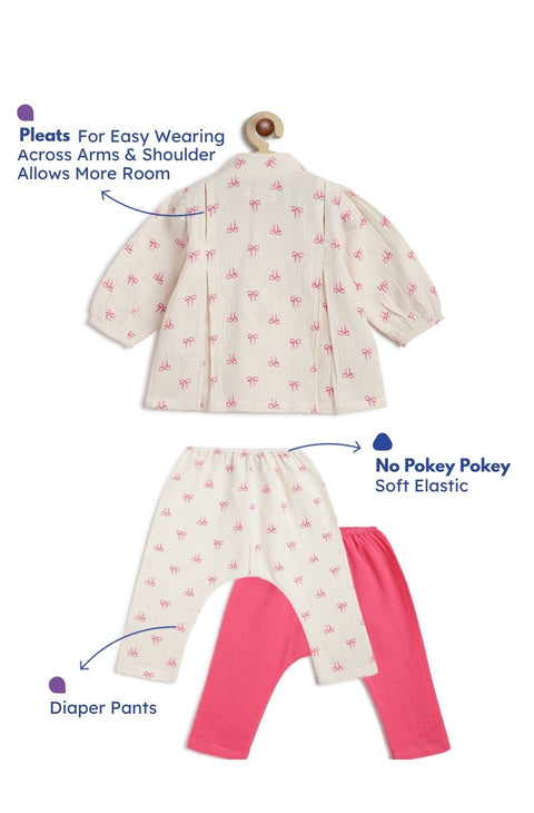 Pre-Order:  Unisex Bow Print Jhabla Set-White