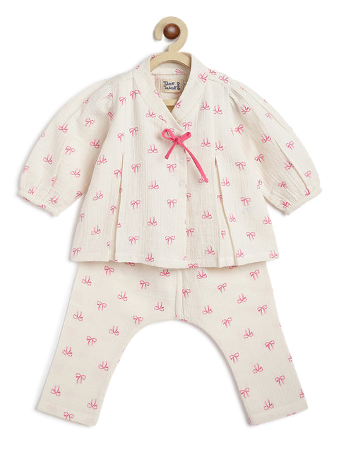 Pre-Order:  Unisex Bow Print Jhabla Set-White