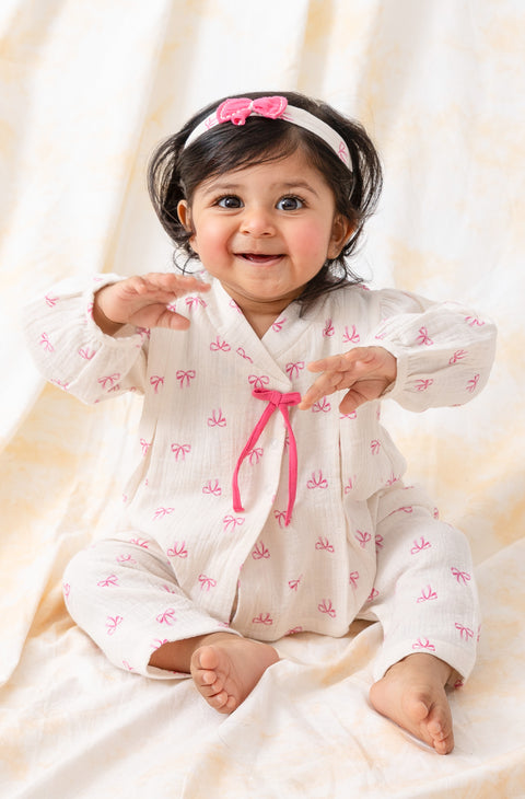 Pre-Order:  Unisex Bow Print Jhabla Set-White