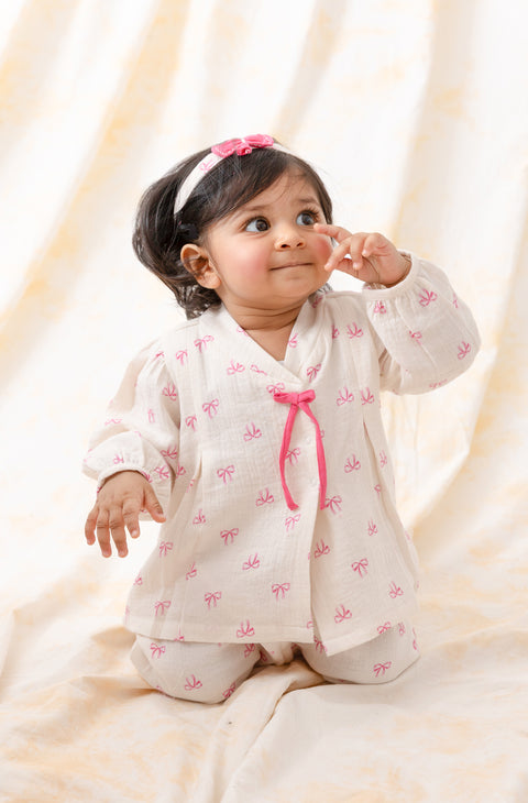 Pre-Order:  Unisex Bow Print Jhabla Set-White