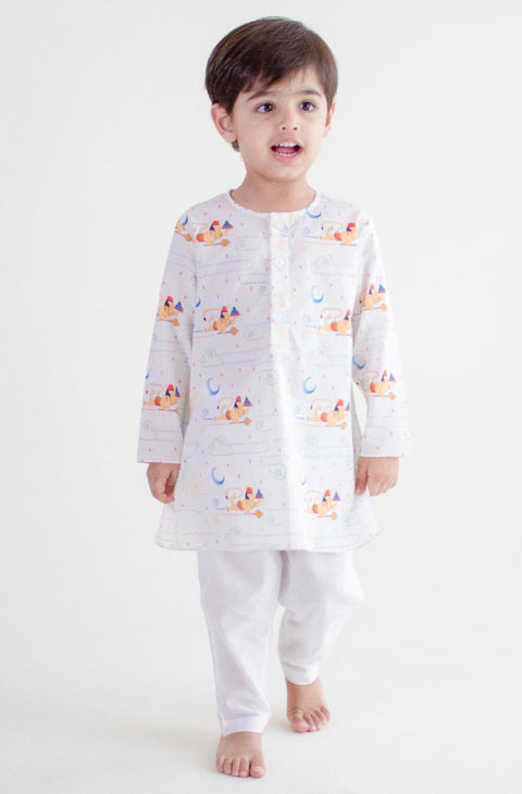 Pre-Order: Unisex Hanuman Blessing Kurta Pyjama Set - White
