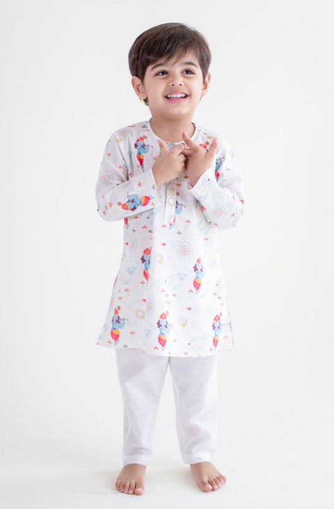 Pre-Order: Unisex Krishna Blessing Kurta Pyjama Set - White