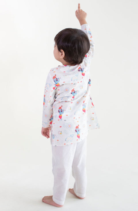 Pre-Order: Unisex Krishna Blessing Kurta Pyjama Set - White