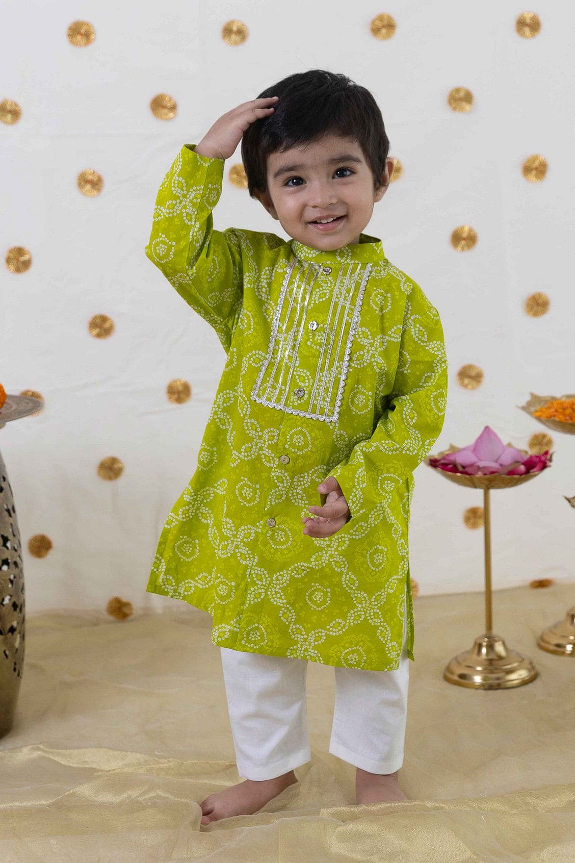 Baby Boy Bandhani Print Cotton Kurta Set Green Peony Kids Couture