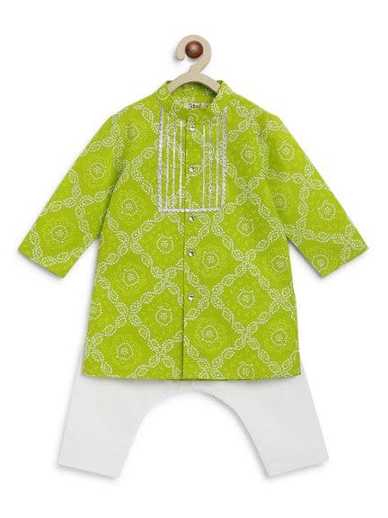 Baby Boy Bandhani Print Cotton Kurta Set - Green