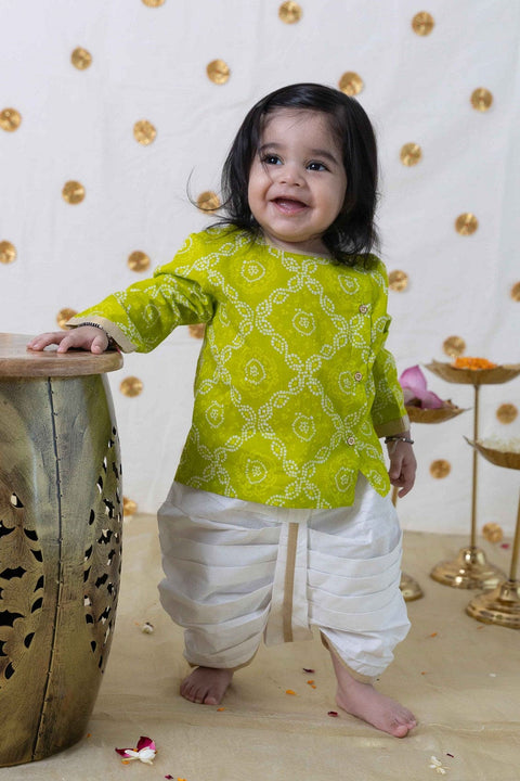 Pre-Order: Baby Boy Bandhani Print Cotton Dhoti Kurta Set - Green