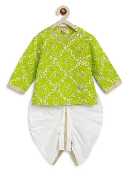 Pre-Order: Baby Boy Bandhani Print Cotton Dhoti Kurta Set - Green