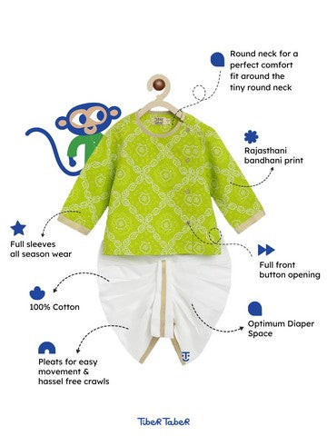 Pre-Order: Baby Boy Bandhani Print Cotton Dhoti Kurta Set - Green