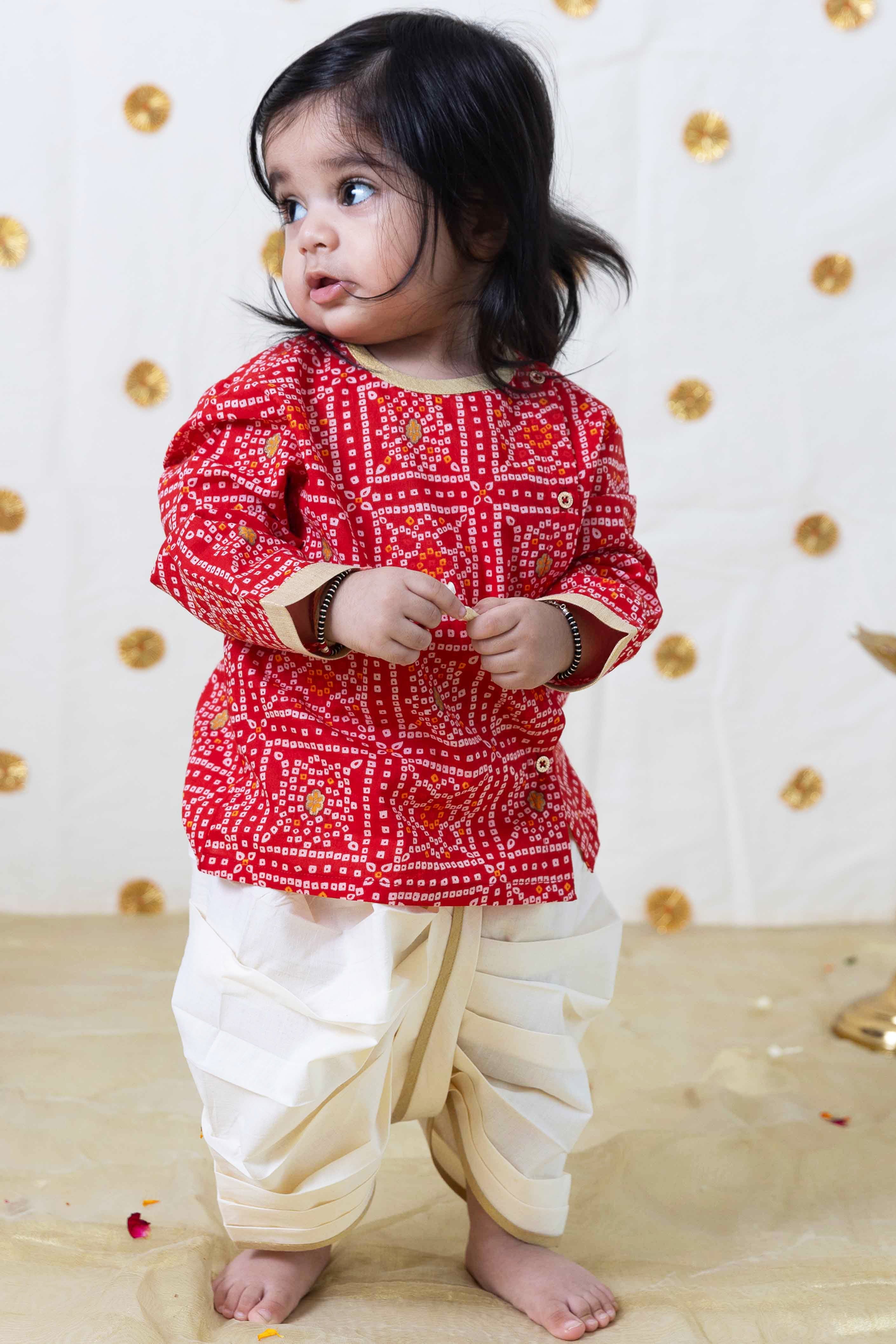 Baby Boy Bandhani Print Cotton Dhoti Kurta Set Red Peony Kids Couture