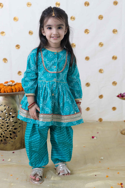 Pre-Order: Baby Girl Bandhani Print Cotton Angrakha Set - Blue