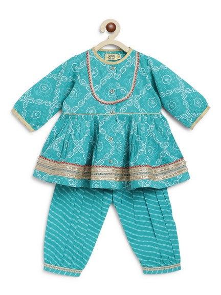 Pre-Order: Baby Girl Bandhani Print Cotton Angrakha Set - Blue