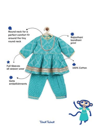 Pre-Order: Baby Girl Bandhani Print Cotton Angrakha Set - Blue