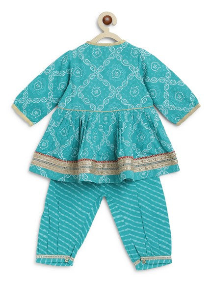 Pre-Order: Baby Girl Bandhani Print Cotton Angrakha Set - Blue