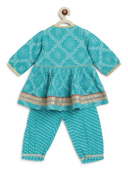 Baby Girl Bandhani Print Cotton Angrakha Set - Blue