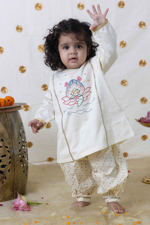 Pre-Order: Baby Girl Lakshmi Embroidered  Premium Cotton Suit Set - Cream