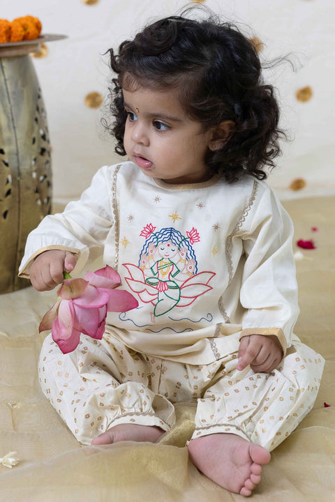 Pre-Order: Baby Girl Lakshmi Embroidered  Premium Cotton Suit Set - Cream