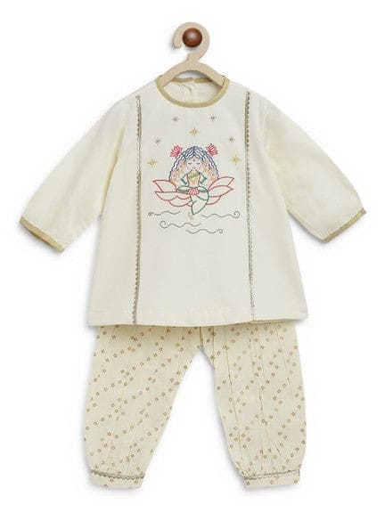 Pre-Order: Baby Girl Lakshmi Embroidered  Premium Cotton Suit Set - Cream