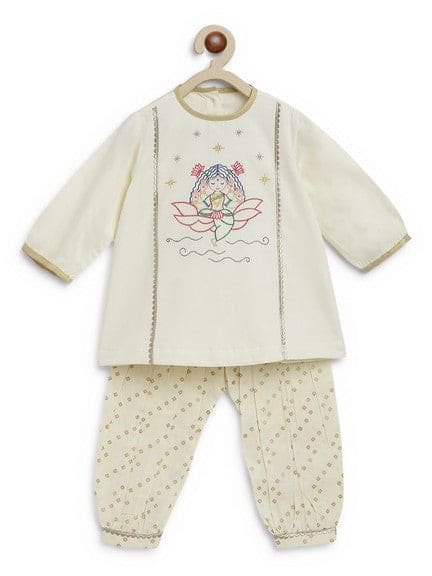 Baby Girl Lakshmi Embroidered  Premium Cotton Suit Set - Cream