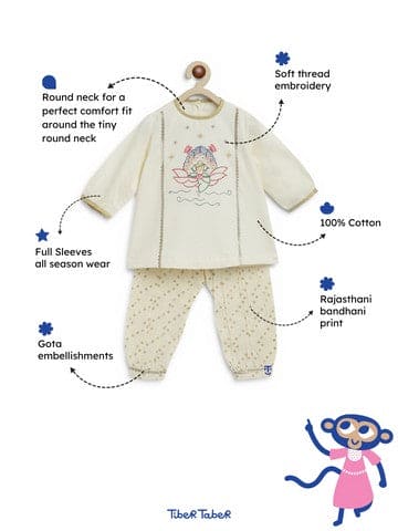 Pre-Order: Baby Girl Lakshmi Embroidered  Premium Cotton Suit Set - Cream