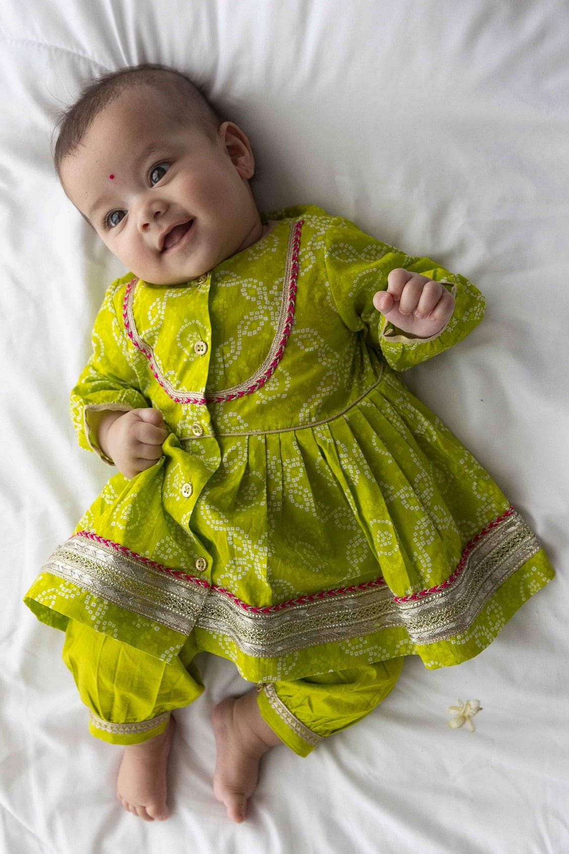 Pre Order Baby Girl Bandhani Cotton Angrakha Suit Set Green Peony Kids Couture