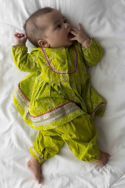 Baby Girl Bandhani Cotton Angrakha Suit Set - Green