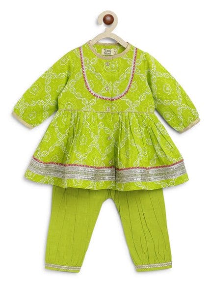 Pre-Order: Baby Girl Bandhani Cotton Angrakha Suit Set - Green