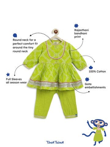 Pre-Order: Baby Girl Bandhani Cotton Angrakha Suit Set - Green