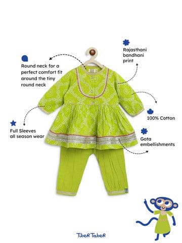 Baby Girl Bandhani Cotton Angrakha Suit Set - Green