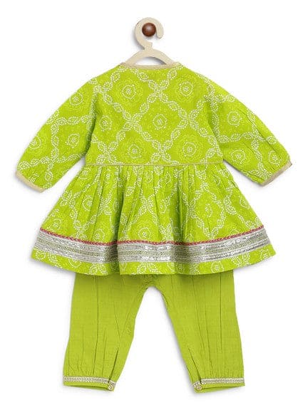 Baby Girl Bandhani Cotton Angrakha Suit Set - Green