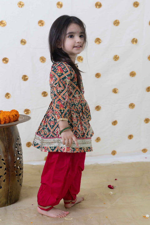 Pre-Order: Baby Girl Patola Print Cotton Angrakha Suit Set - Green