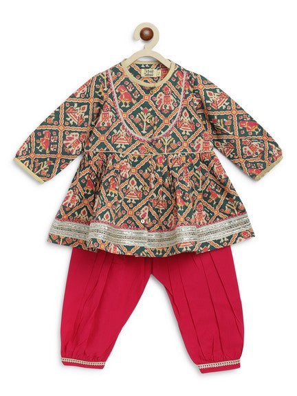 Pre-Order: Baby Girl Patola Print Cotton Angrakha Suit Set - Green