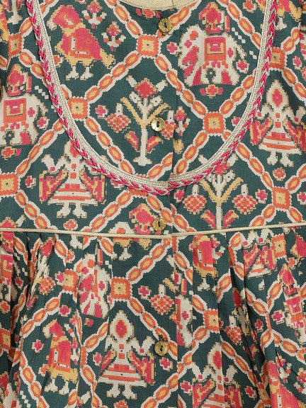 Pre-Order: Baby Girl Patola Print Cotton Angrakha Suit Set - Green