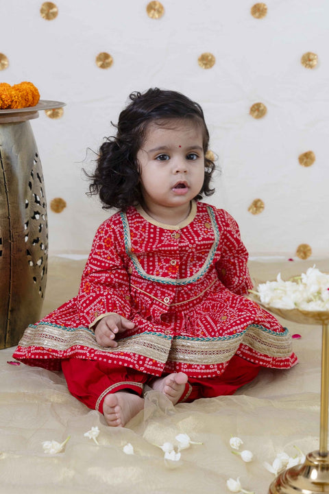 Baby Girl Bandhani Cotton Angrakha Suit Set - Red