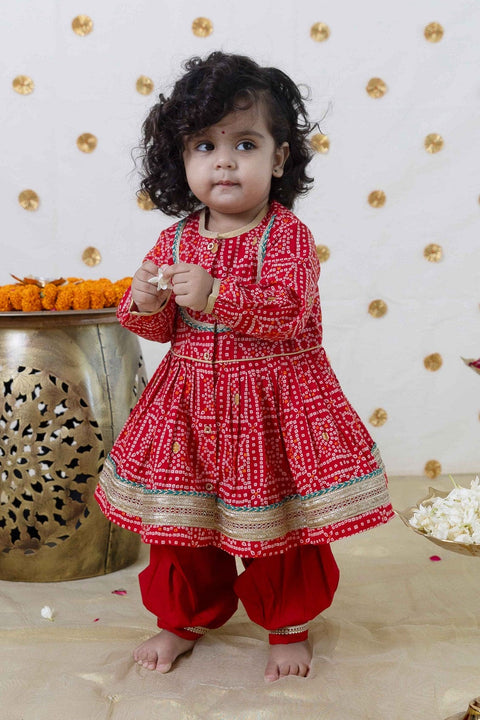 Pre-Order: Baby Girl Bandhani Cotton Angrakha Suit Set - Red