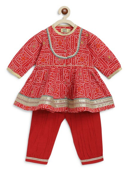 Pre-Order: Baby Girl Bandhani Cotton Angrakha Suit Set - Red