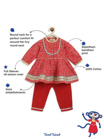 Pre-Order: Baby Girl Bandhani Cotton Angrakha Suit Set - Red