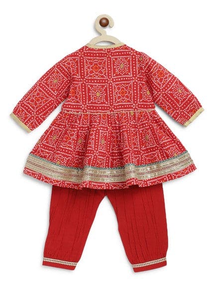 Pre-Order: Baby Girl Bandhani Cotton Angrakha Suit Set - Red