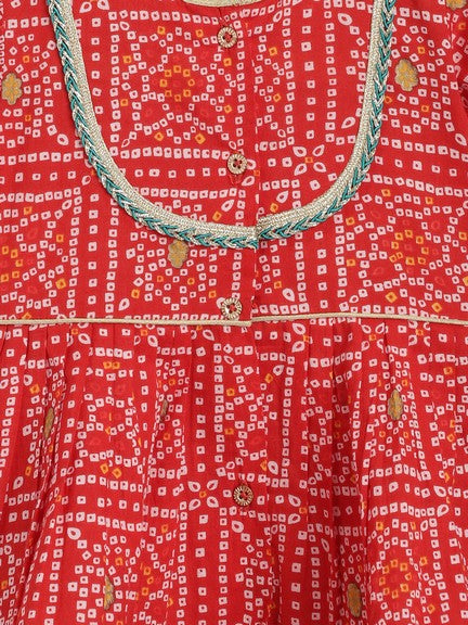 Pre-Order: Baby Girl Bandhani Cotton Angrakha Suit Set - Red